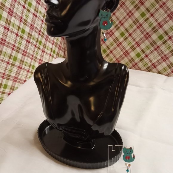 Home Made Handmade Wood & Metal Cat Turquoise & Pink Button Earrings #43 - Picture 4 of 8